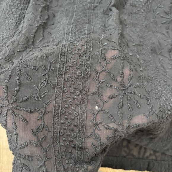 Old Navy Womens Black Floral Embroidery Blouse L Black Sheer Boho Flowy Cruise - Picture 9 of 13